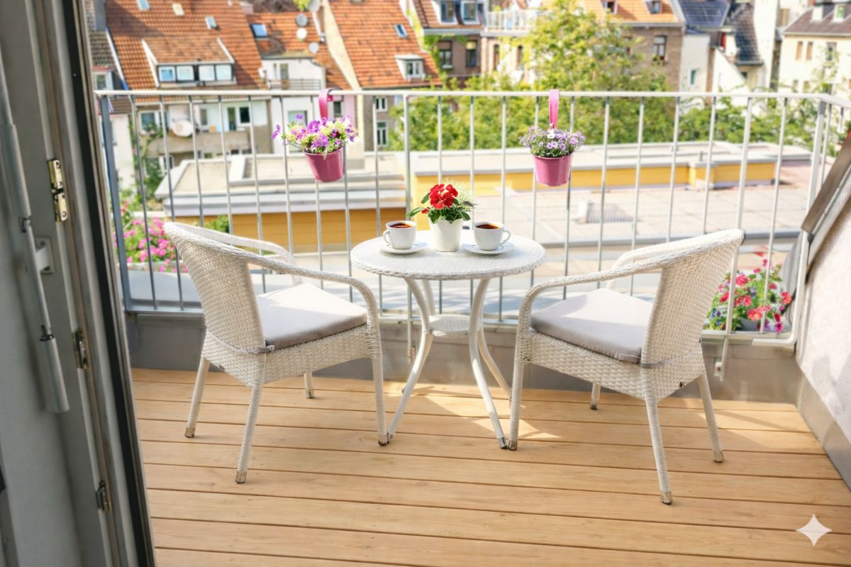 Auf beiden Balkonen ist hochwertiges Bangkirai-Holz verlegt