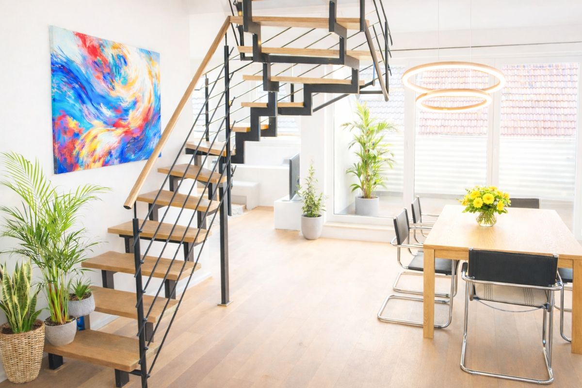 Der offene Essbereich mit der stilvollen Treppe