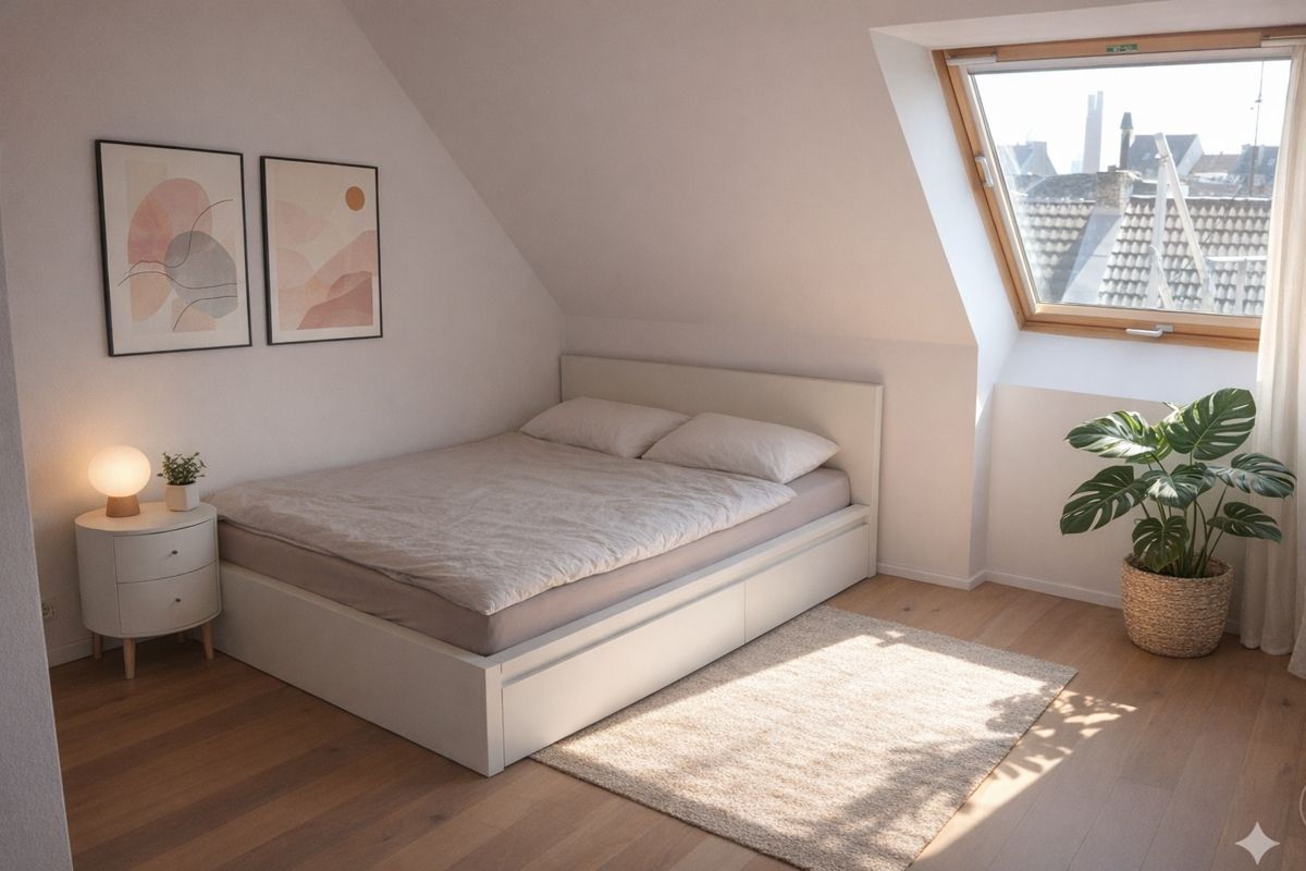 Auch im Schlafzimmer wurde echtes Eichenparkett verwendet